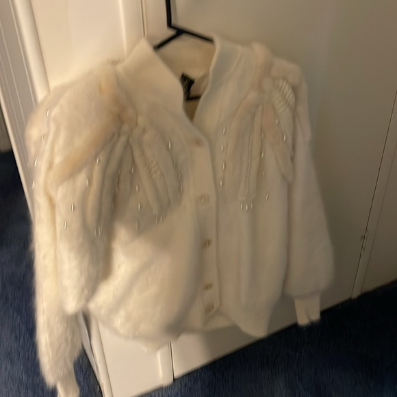 White Textured Knit Cardigan with Ribbed Details - Picture 6 of 6